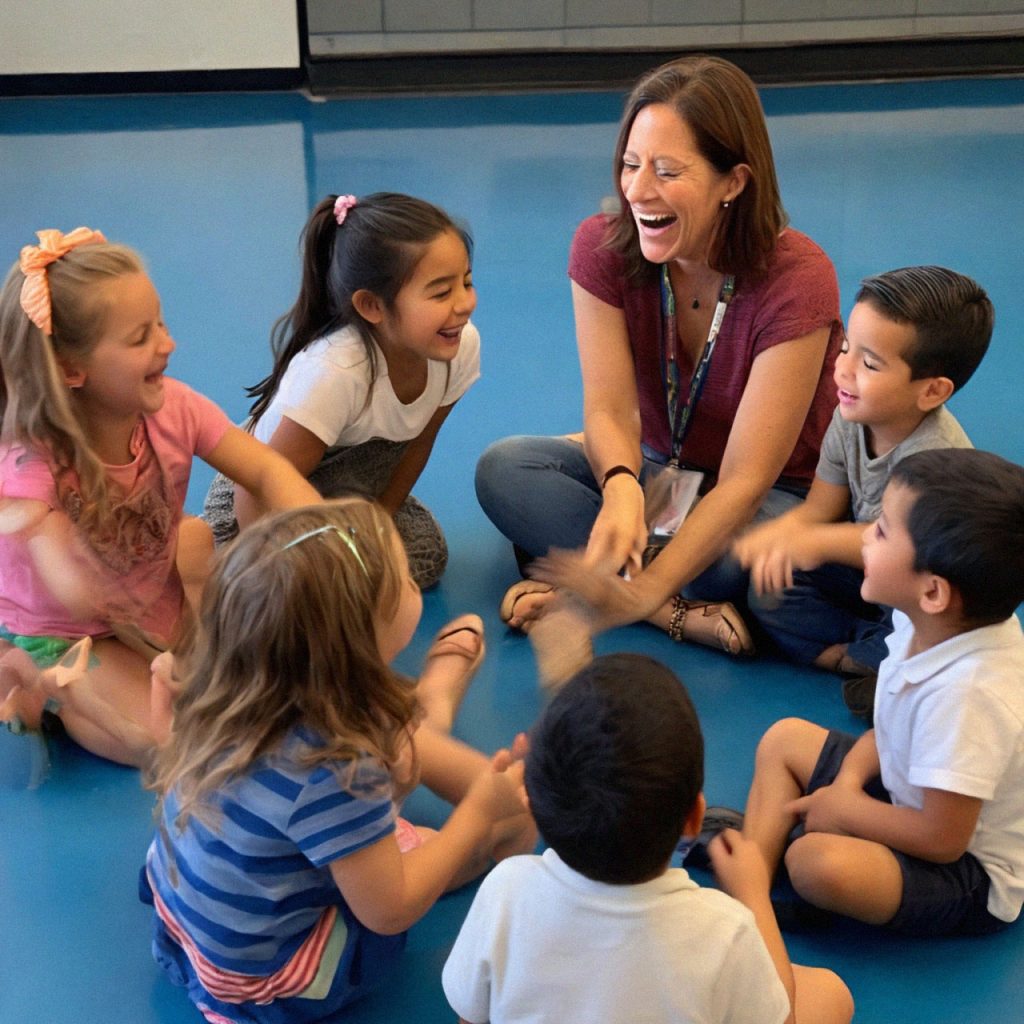 teacher engaging with children